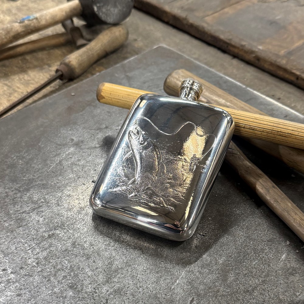 6oz Fishing Embossed Pewter Pocket Flask