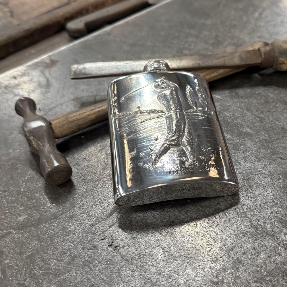 3oz Embossed Golfer Top Pocket Flask