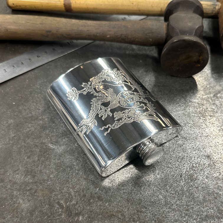 Chinese Dragon Pewter Kidney Hip Flask