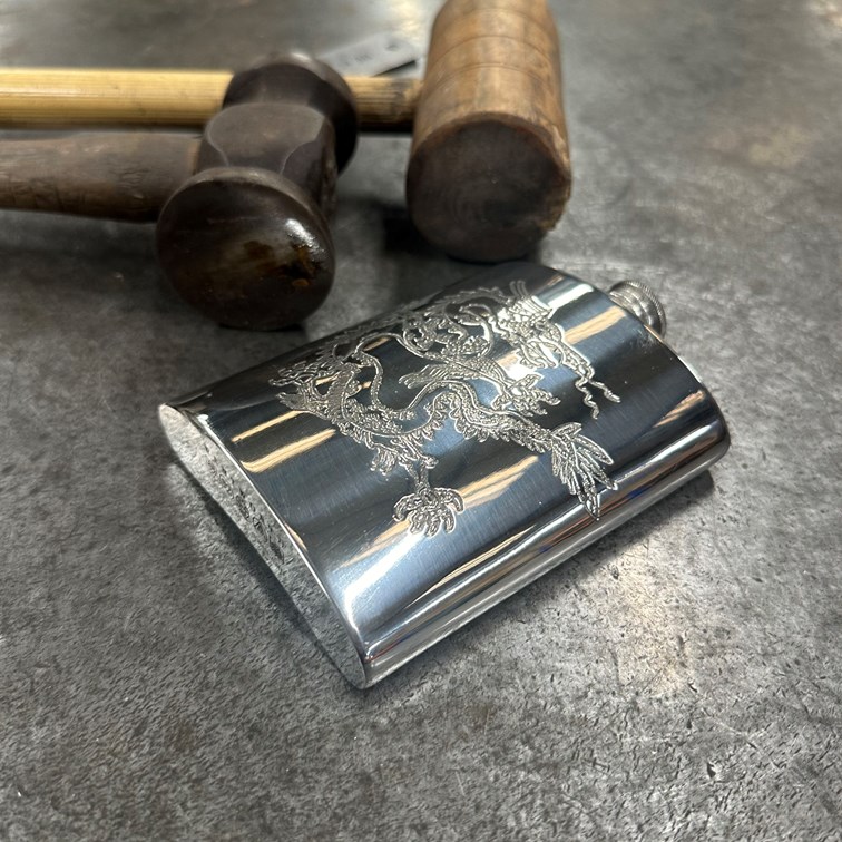 Chinese Dragon Pewter Kidney Hip Flask