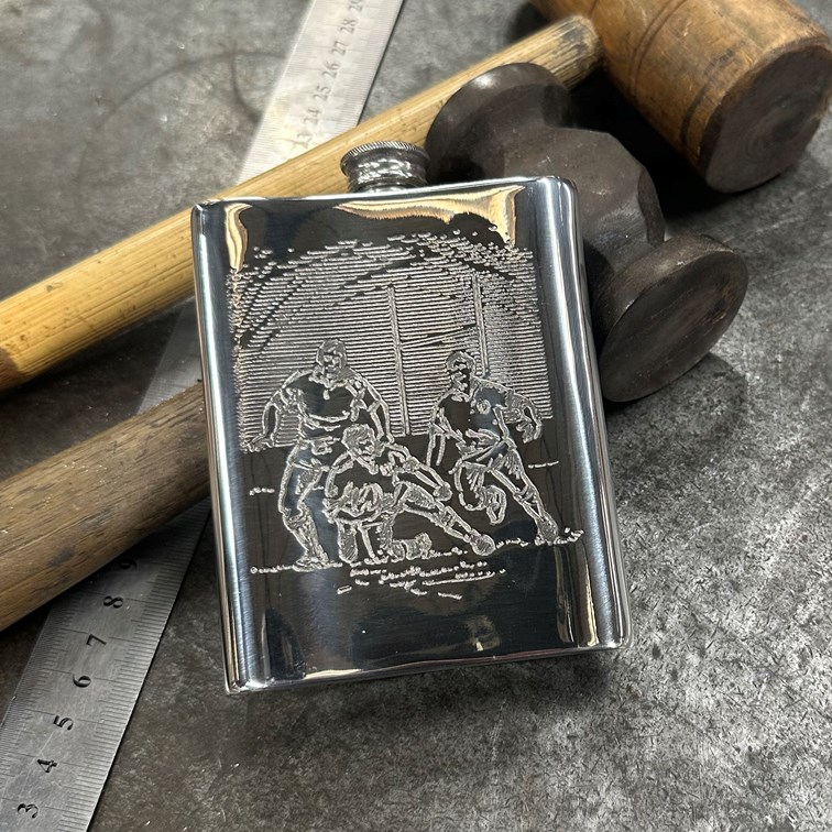 6oz Rugby Scene Pewter Kidney Hip Flask
