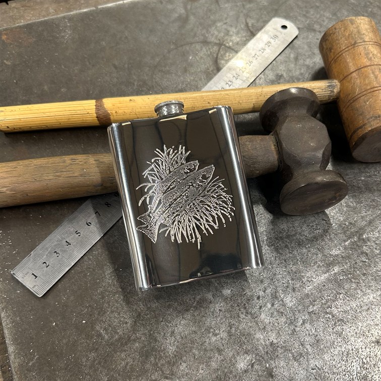 6oz Fishing Scene Pewter Kidney Hip Flask