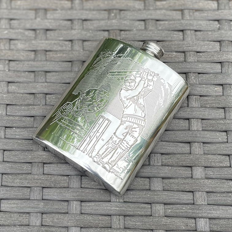 6oz Cricket Scene Pewter Kidney Hip Flask