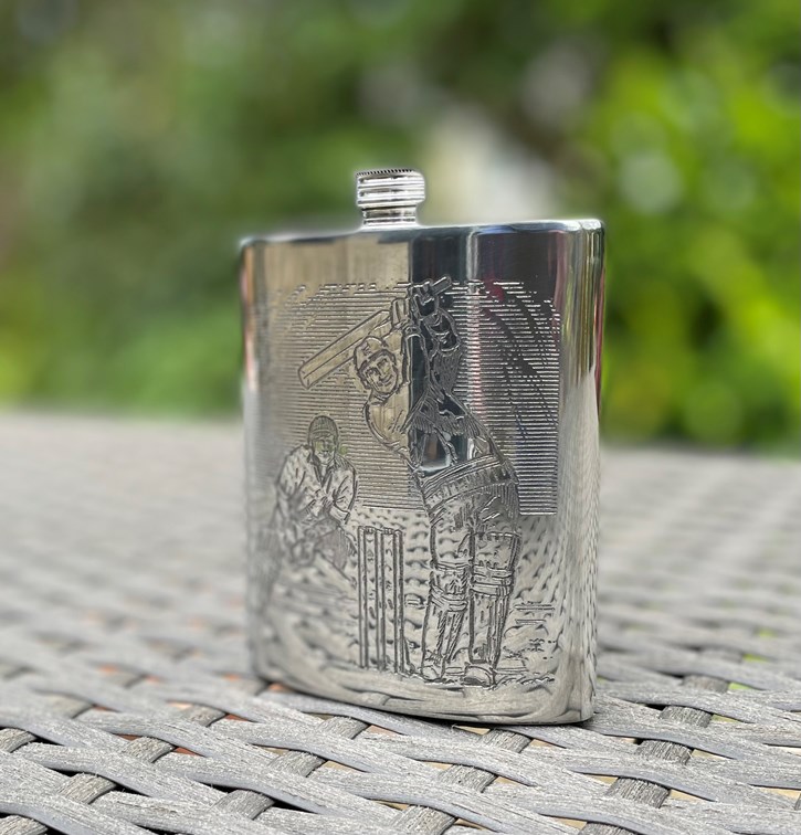 6oz Cricket Scene Pewter Kidney Hip Flask 6oz Cricket Scene Pewter Kidney Hip Flask