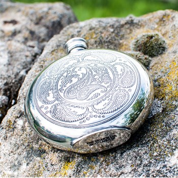 6oz Round Pewter Paisley Flask 6oz Round Pewter Paisley Flask