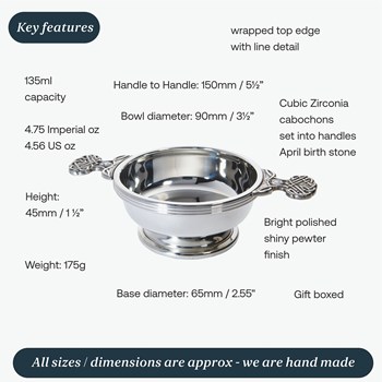 Birthstone Pewter Quaich April With Cubic Zicorna Stones