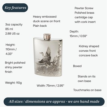 3oz Embossed Mallard Top Pocket Flask 3oz Embossed Mallard Top Pocket Flask