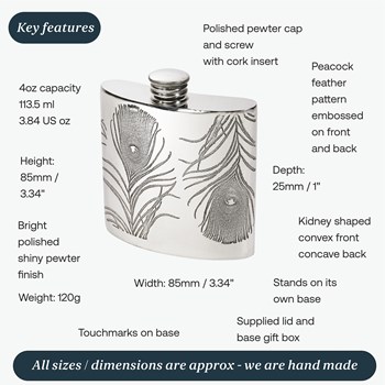 4oz Peacock Pewter Kidney Hipflask 4oz Peacock Pewter Kidney Hipflask