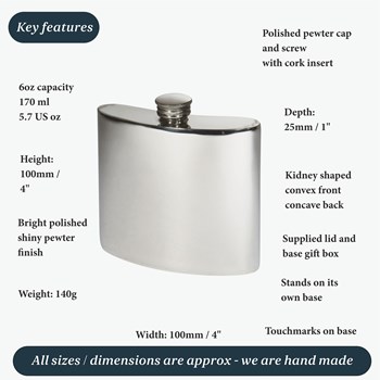 6oz Plain Square Pewter Kidney Hip Flask 6oz Plain Square Pewter Kidney Hip Flask