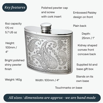 6oz Paisley Pewter Kidney Pewter Hip flask 6oz Paisley Pewter Kidney Pewter Hip flask