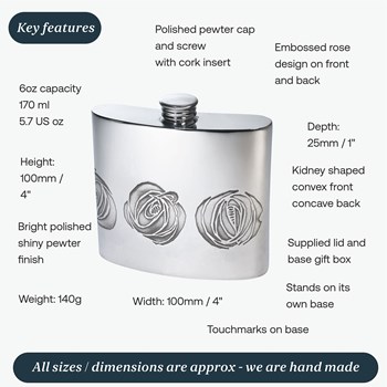 6oz Charles Rennie Mackintosh Rose Pewter Kidney Hip Flask 6oz Charles Rennie Mackintosh Rose Pewter Kidney Hip Flask