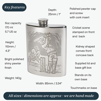 6oz Cricket Scene Pewter Kidney Hip Flask