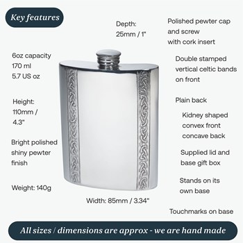 6oz Vertical Celtic Bands Pewter Kidney Hip Flask