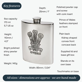 6oz Prince Of Wales Feathers Pewter Kidney Flask