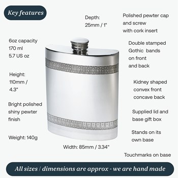 6oz Gothic Bands Pewter Kidney Hip Flask 6oz Gothic Bands Pewter Kidney Hip Flask