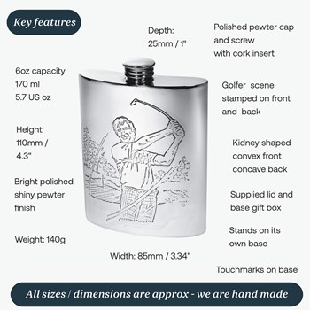 6oz Golf Scene Pewter Kidney Hip Flask