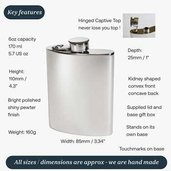 6oz Plain Pewter Kidney Hip Flask With Captive Top 6oz Plain Pewter Kidney Hip Flask With Captive Top