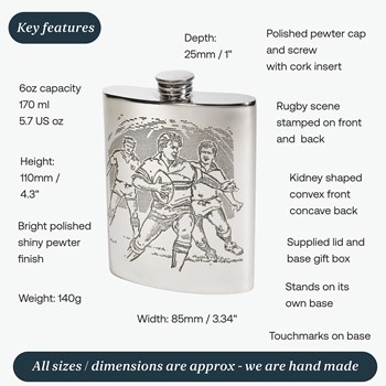 6oz Rugby Scene Pewter Kidney Hip Flask