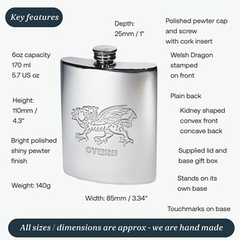 6oz Welsh Dragon Pewter Kidney Hip Flask