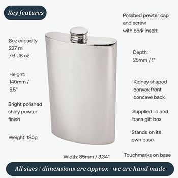 8oz Plain Pewter Kidney Hip Flask 8oz Plain Pewter Kidney Hip Flask