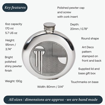 6oz Round Pewter Art Deco Flask