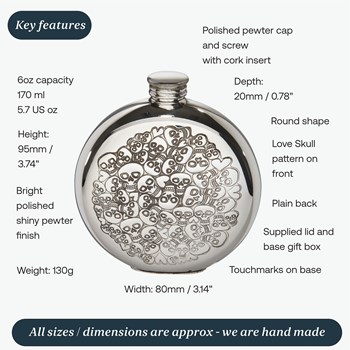 6oz Round Pewter Love Skull  Flask