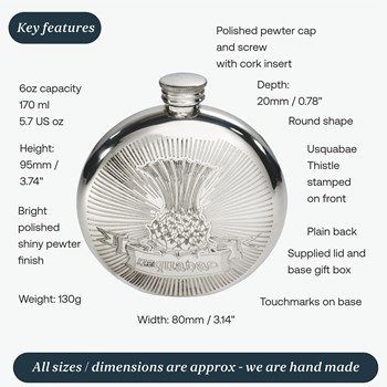 6oz Round Usquabae Single Thistle Pewter Flask 6oz Round Usquabae Single Thistle Pewter Flask