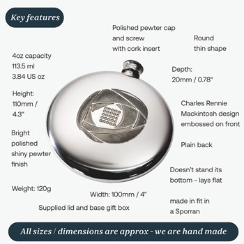 4oz Charles Rennie Mackintosh Pewter Sporran Flask 4oz Charles Rennie Mackintosh Pewter Sporran Flask