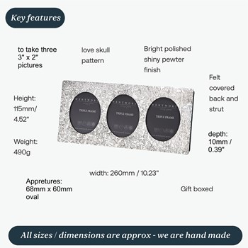 Love Skull Pewter Triple Picture Frame