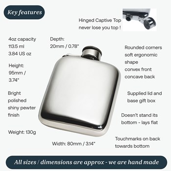 4oz Plain Pewter Pocket Flask With Captive Top 4oz Plain Pewter Pocket Flask With Captive Top
