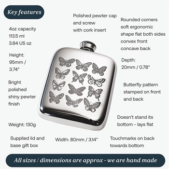 4oz Butterfly Pewter Pocket Flask 4oz Butterfly Pewter Pocket Flask