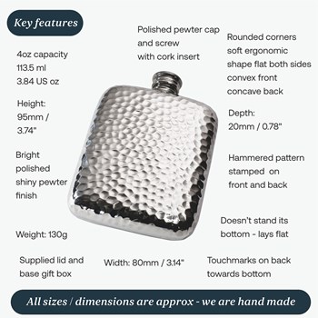 4oz Hammered Pewter Pocket Flask 4oz Hammered Pewter Pocket Flask