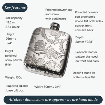 Peacock Pattern 4oz Pewter Pocket Flask