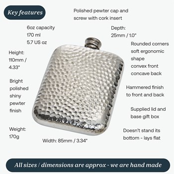 6oz Hammered Pewter Pocket Flask 6oz Hammered Pewter Pocket Flask