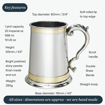 One Pint Double Brass Band Monarch Pewter Tankard