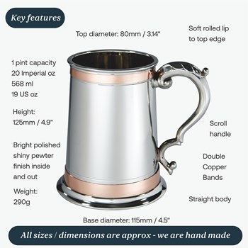 One Pint Double Copper Band Monarch Pewter Tankard