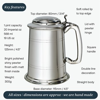 Standard Lidded One Pint Pewter Tankard