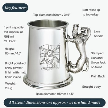 Union Jack Lion Handle One Pint Pewter Tankard Union Jack Lion Handle One Pint Pewter Tankard