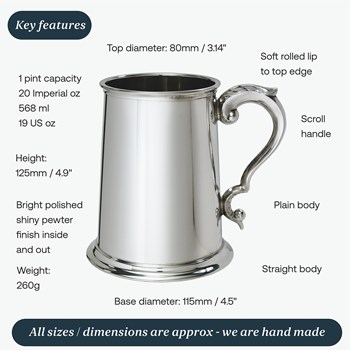 Plain Scroll Handle One Pint Pewter Tankard Plain Scroll Handle One Pint Pewter Tankard
