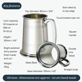 Double Lined Glass Base One Pint Pewter Tankard