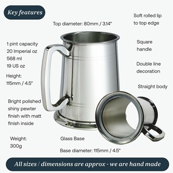 Standard Lined Glass Base One Pint Pewter Tankard