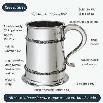 One Pint Double Celtic Bands Pewter Tankard
