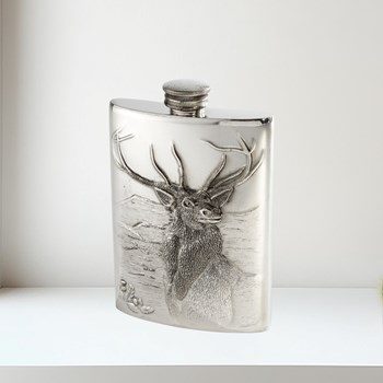3oz Embossed Monarch of the Glen Top Pocket Flask 3oz pewter kidney spirit flask