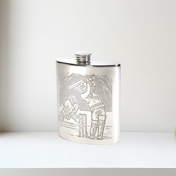 6oz Cricket Scene Pewter Kidney Hip Flask 6oz Cricket Scene Pewter Kidney Hip Flask