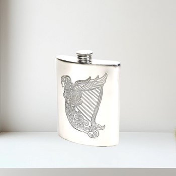 6oz Irish Harp pewter kidney hip flask