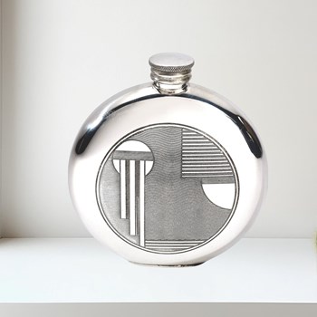6oz round pewter Art Deco flask