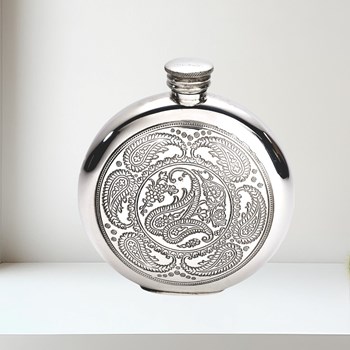 6oz round pewter paisley flask