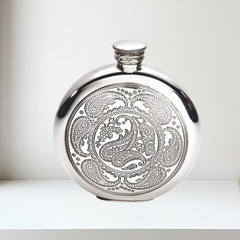 6oz round pewter paisley flask