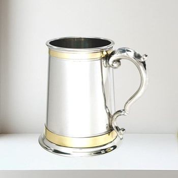 A140 1 pint Double Brass Band Monarch Pewter Tankard