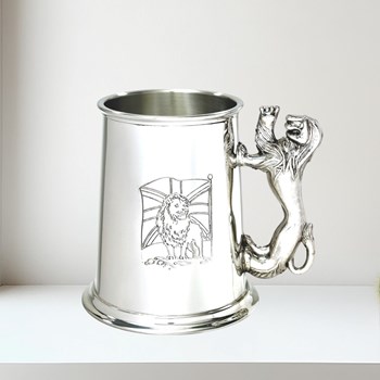 Union Jack Lion Handle 1 pint pewter Tankard